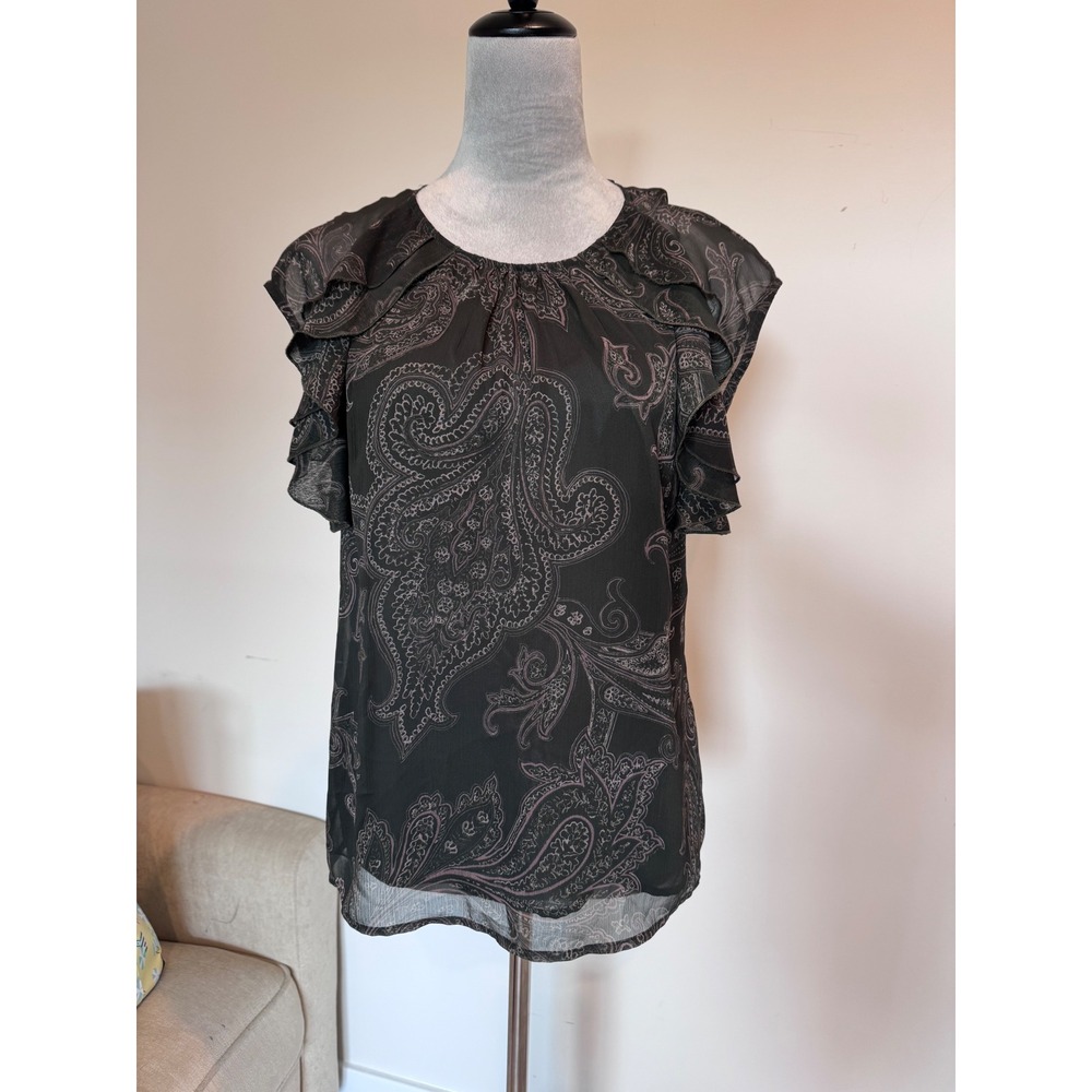 W by Worth Women Dark Olive Paisley Ruffle Flutter Sleeve Blouse Size 8